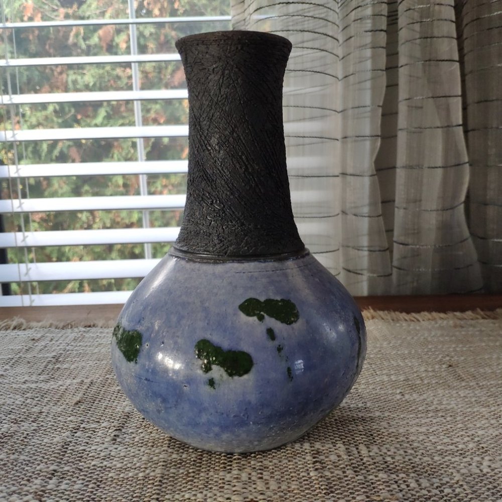 Raku Vase Black with Blue and Green Glaze Vintage Pottery Signed 8.25"